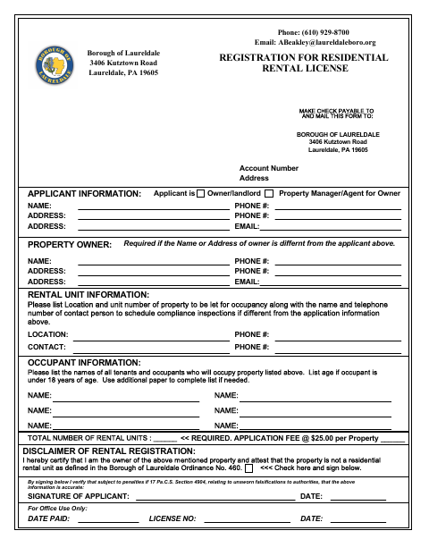 First page of the Registration for Residential Rental License