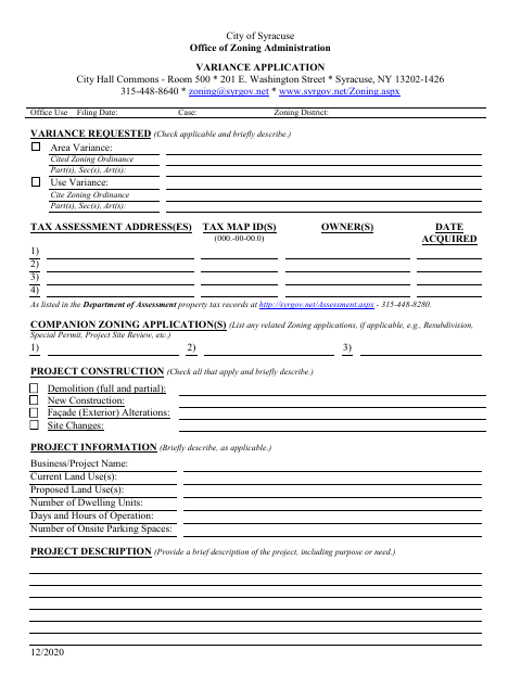 First page of the Variance Application
