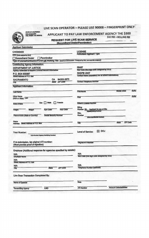 First page of the Secondhand Dealer and Pawnbroker Live Scan Form