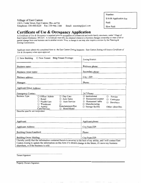 First page of the Certificate of Use & Occupancy Application