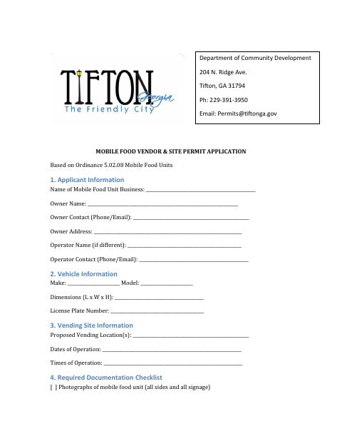 First page of the Mobile Food Vendor & Site Permit Application