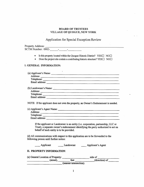First page of the Special Exception Review Application