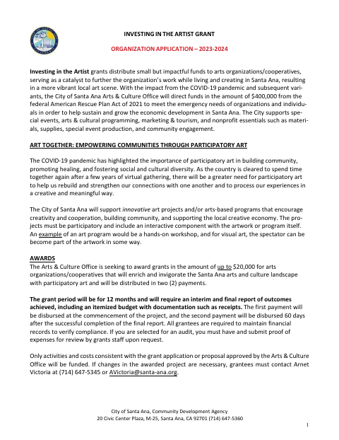 First page of the Investing In The Artist Grant Organization Application