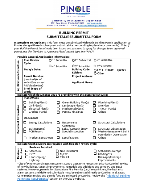 First page of the Building Permit Submittal/Resubmittal Form