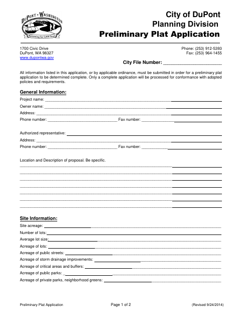 First page of the Preliminary Plat Application