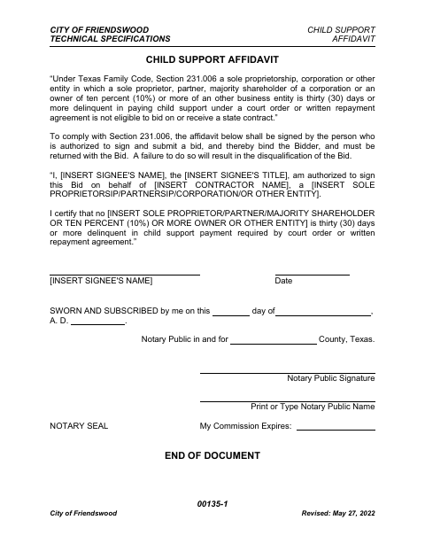 First page of the Child Support Affidavit