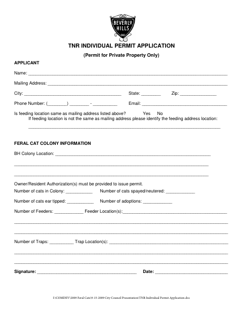 First page of the TNR Individual Permit Application
