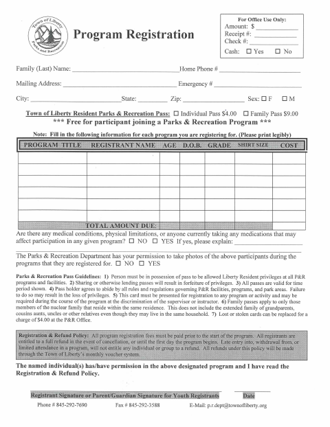 First page of the Parks And Recreation Program Registration