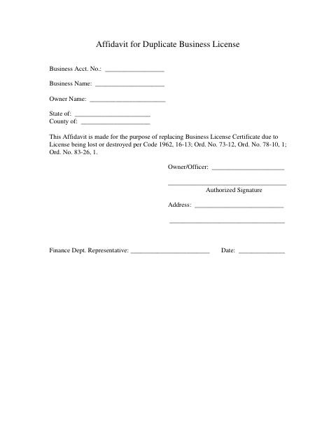 First page of the Affidavit for Duplicate Business License