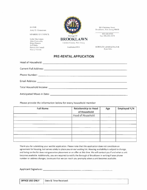 First page of the Pre-Rental Application
