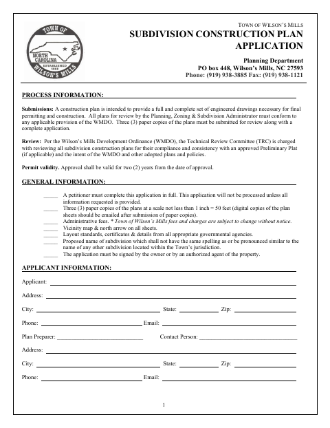 First page of the Subdivision Construction Plan Application