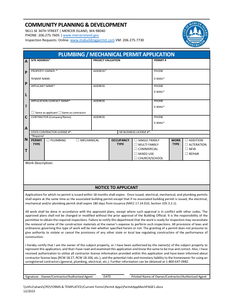 First page of the Plumbing / Mechanical Permit Application