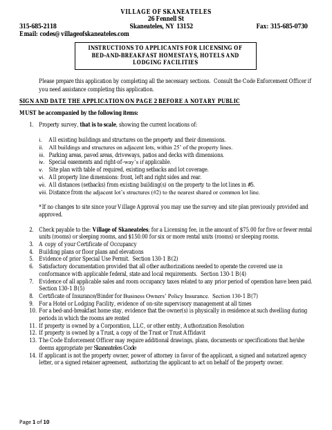 First page of the Bed-and-Breakfast, Hotel and Lodging Facility License Application