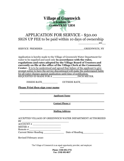 First page of the Application for Water Service