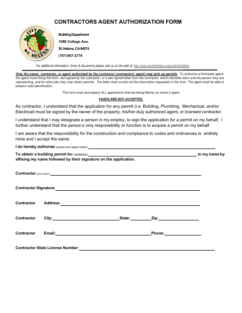 First page of the Contractors Agent Authorization Form