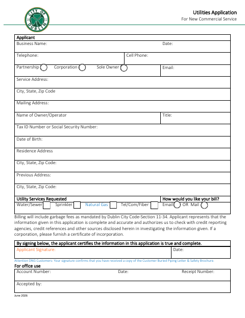 First page of the Utilities Application For New Commercial Service