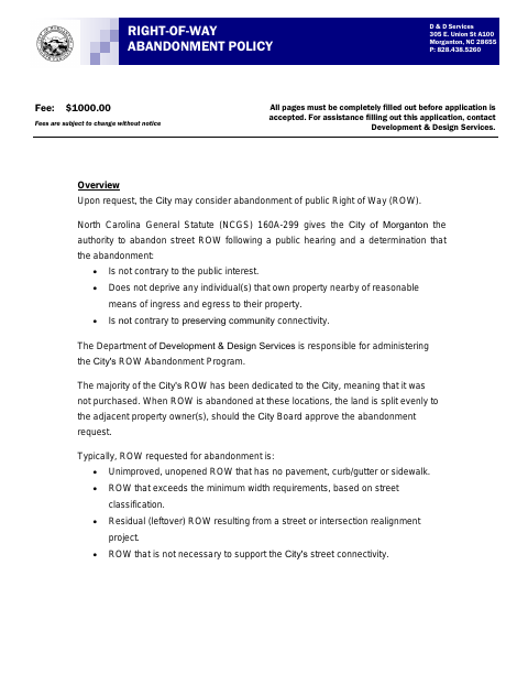 First page of the Right-of-Way Abandonment Petition and Policy