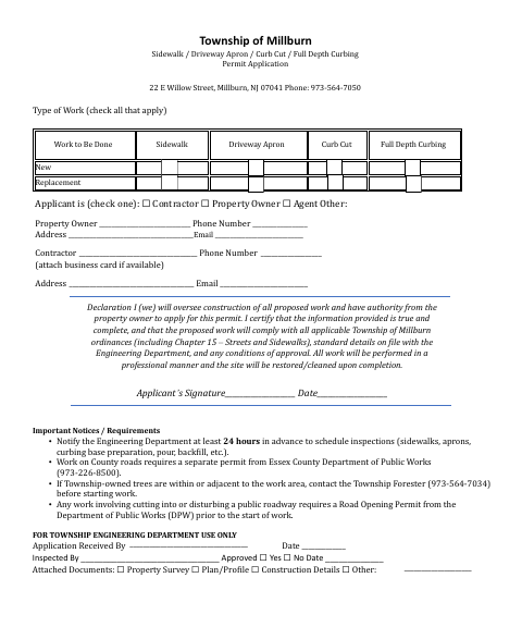 First page of the Sidewalk, Driveway Apron, Curb Cut, and Full Depth Curbing Permit Application