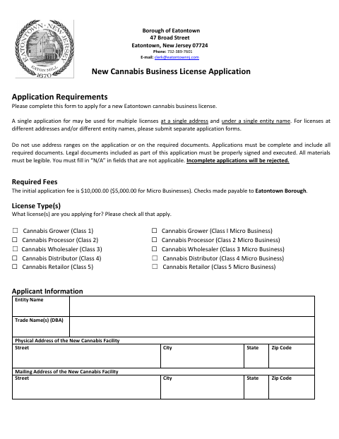 First page of the New Cannabis Business License Application