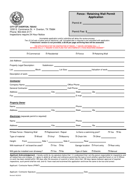 First page of the Fence / Retaining Wall Permit Application