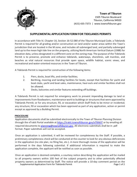 First page of the Supplemental Application Form for Tidelands Permits