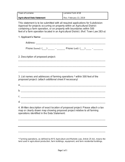 First page of the Agricultural Data Statement
