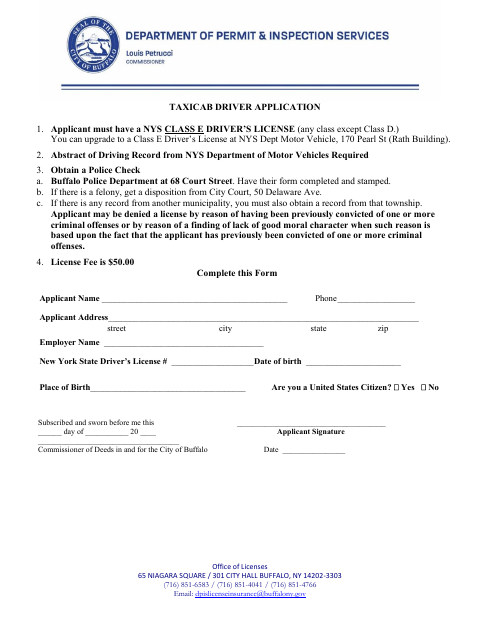 First page of the Taxicab Driver Application