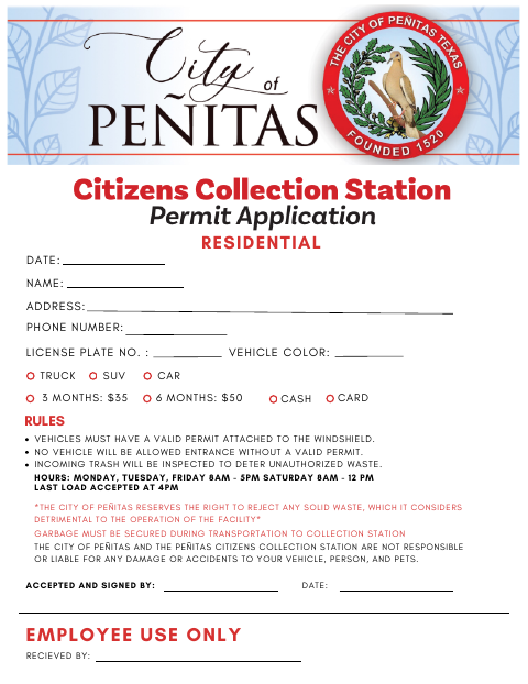 First page of the Citizens Collection Station Permit