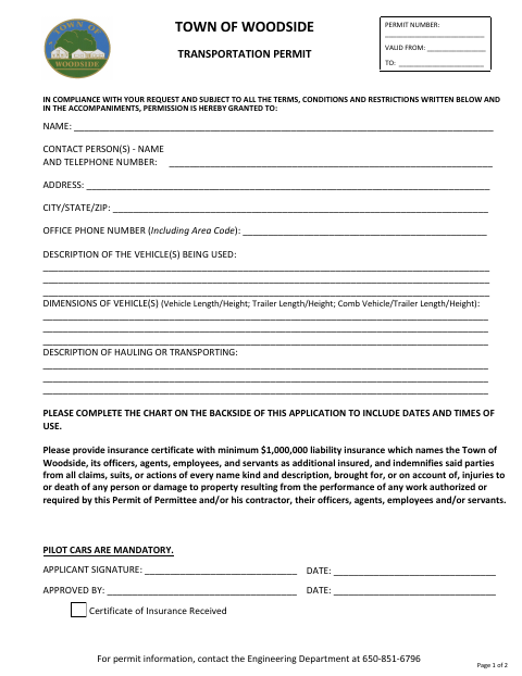 First page of the Transportation Permit