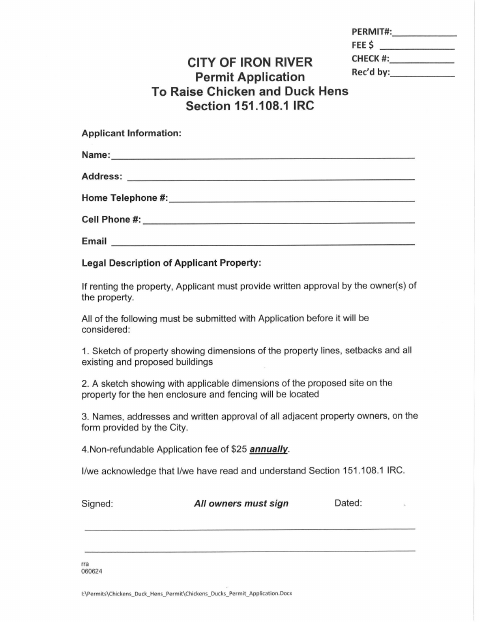 First page of the Chicken and Duck Hens Permit Application