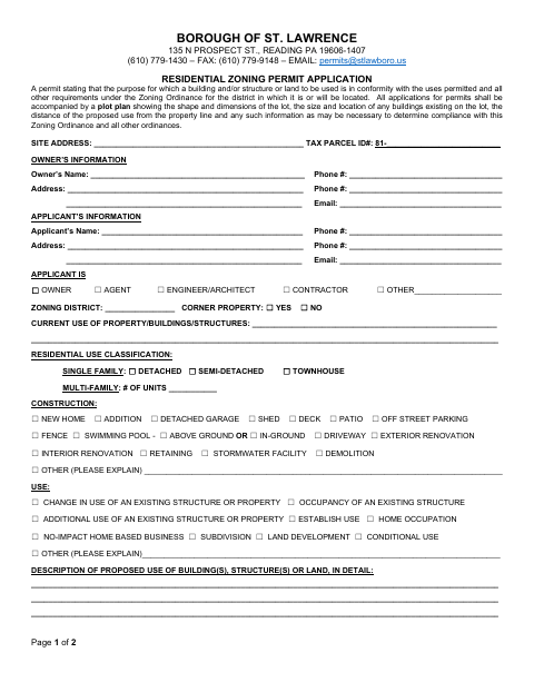 First page of the Residential Zoning Permit Application