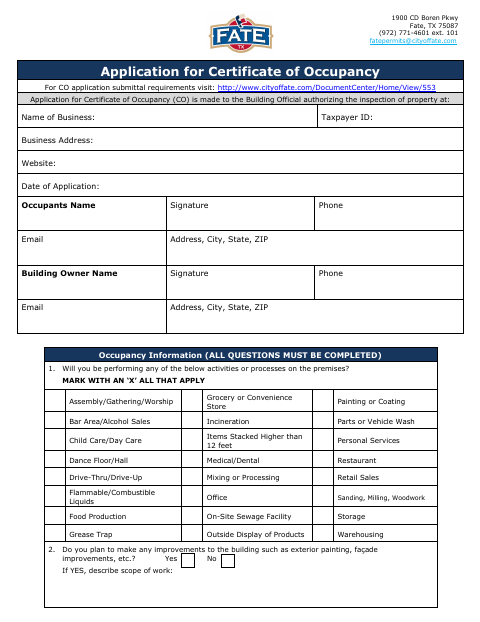 First page of the Application for Certificate of Occupancy