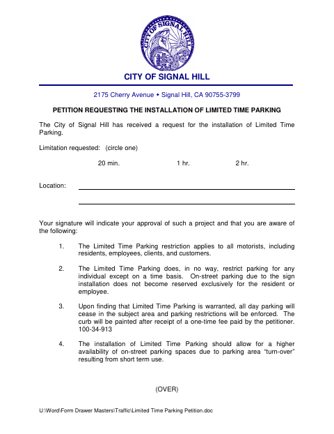 First page of the Petition Requesting the Installation of Limited Time Parking