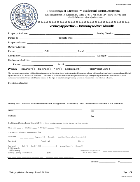 First page of the Driveway and Sidewalk Zoning Application