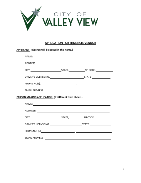 First page of the Itinerant Vendor Application