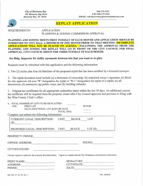 First page of the Replat Application
