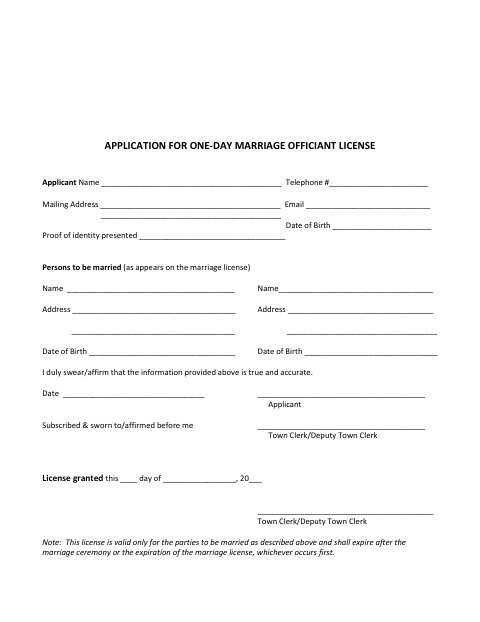 First page of the Application For One-Day Marriage Officiant License
