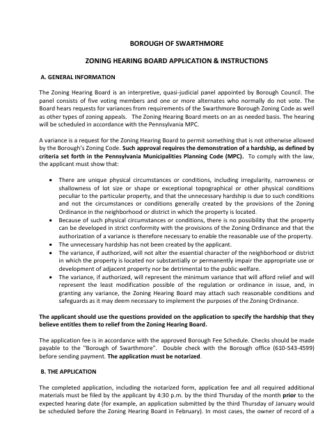 First page of the Zoning Hearing Board Application