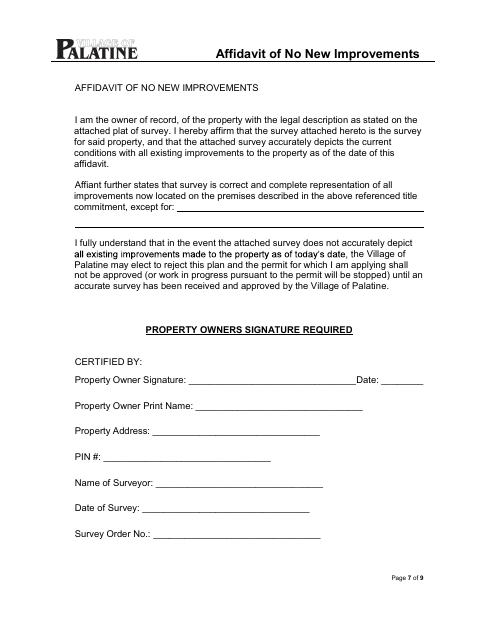 First page of the Affidavit of No New Improvements