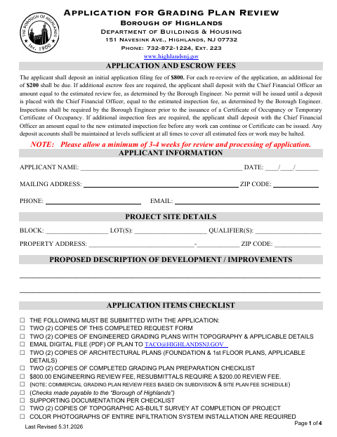 First page of the Grading Plan Review Application and Checklist