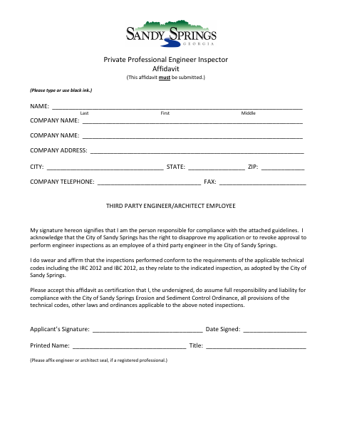 First page of the Private Professional Engineer Inspector Affidavit