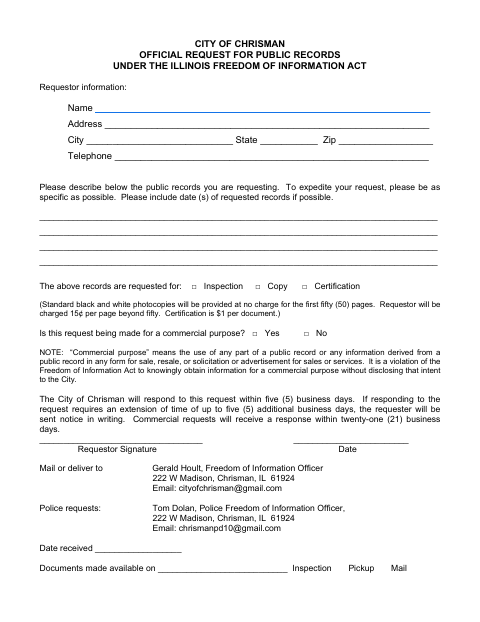 First page of the Official Request For Public Records Under The Illinois Freedom Of Information Act