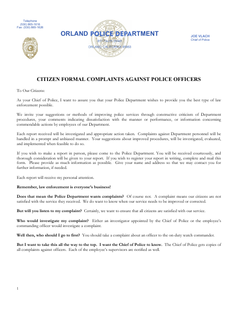 First page of the Citizen Formal Complaints Against Police Officers