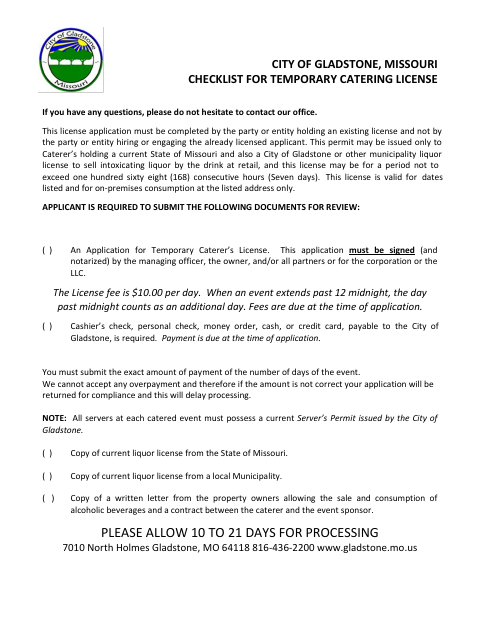 First page of the Temporary Caterer’s License Application
