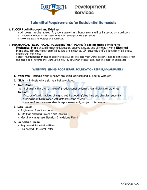 First page of the Residential Remodel Permit Packet