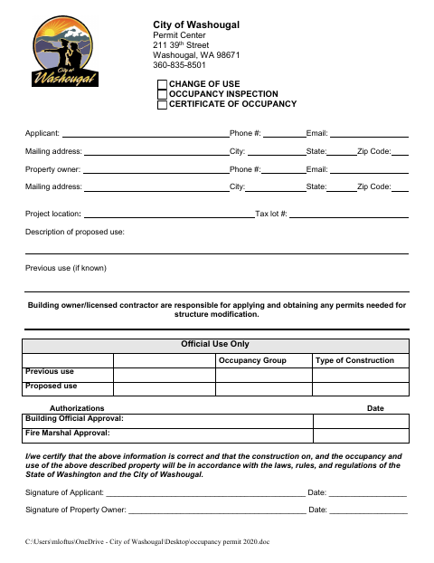First page of the Change of Use Occupancy Inspection Certificate of Occupancy