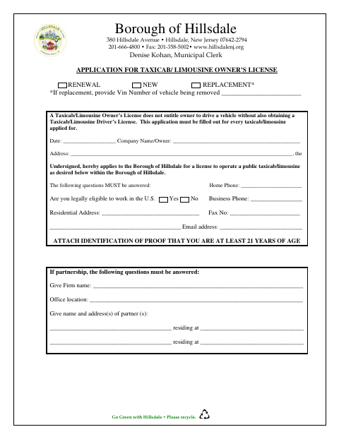 First page of the Taxicab/Limousine Owner’s License Application