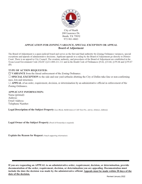 First page of the Application for Zoning Variance, Special Exception or Appeal