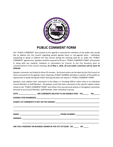 First page of the Public Comment Form