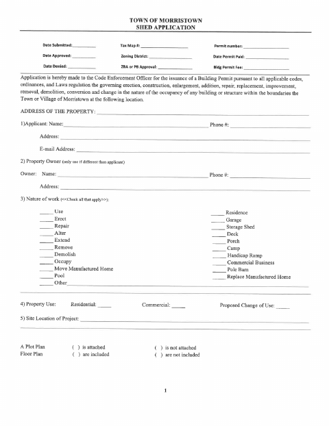 First page of the Shed Permit Application